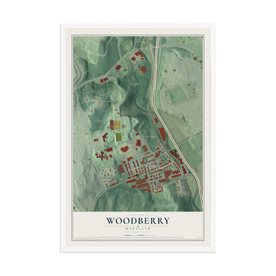 Map of Woodberry, Maryland, 12 x 18 inch print in a white wood frame