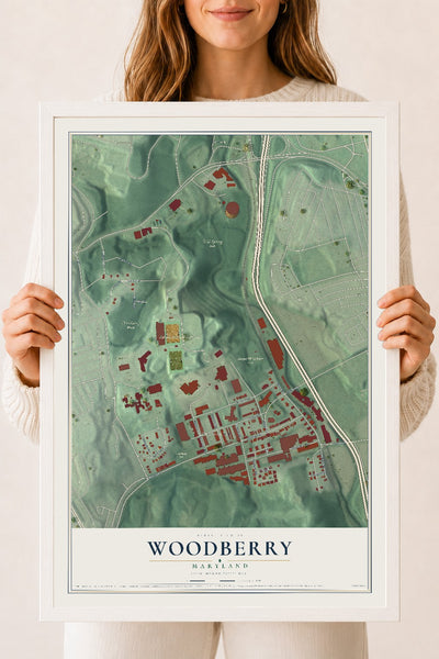 Map of Woodberry, Maryland, 18 x 24 inch print in a white wood frame