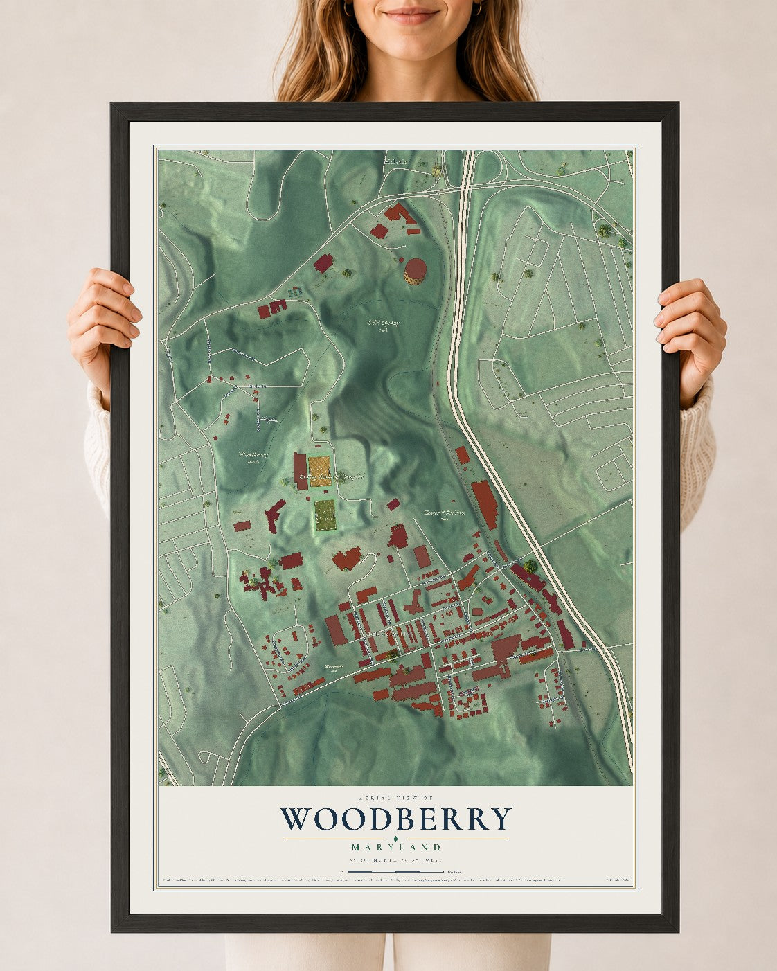 Map of Woodberry, Maryland, 24 x 36 inch print in a black wood frame