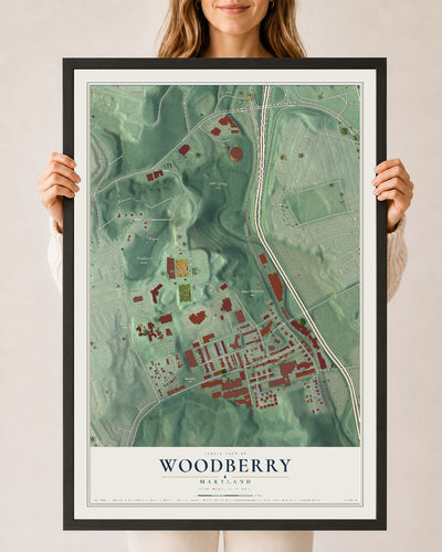 Map of Woodberry, Maryland, 24 x 36 inch print in a black wood frame