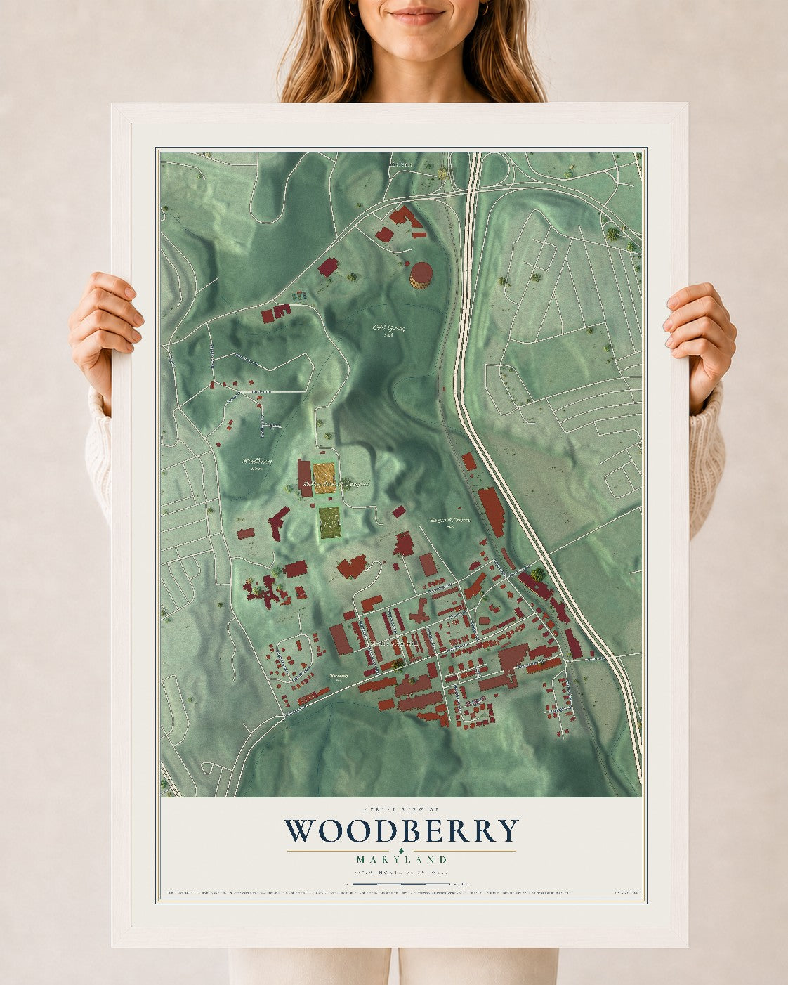 Map of Woodberry, Maryland, 24 x 36 inch print in a white wood frame
