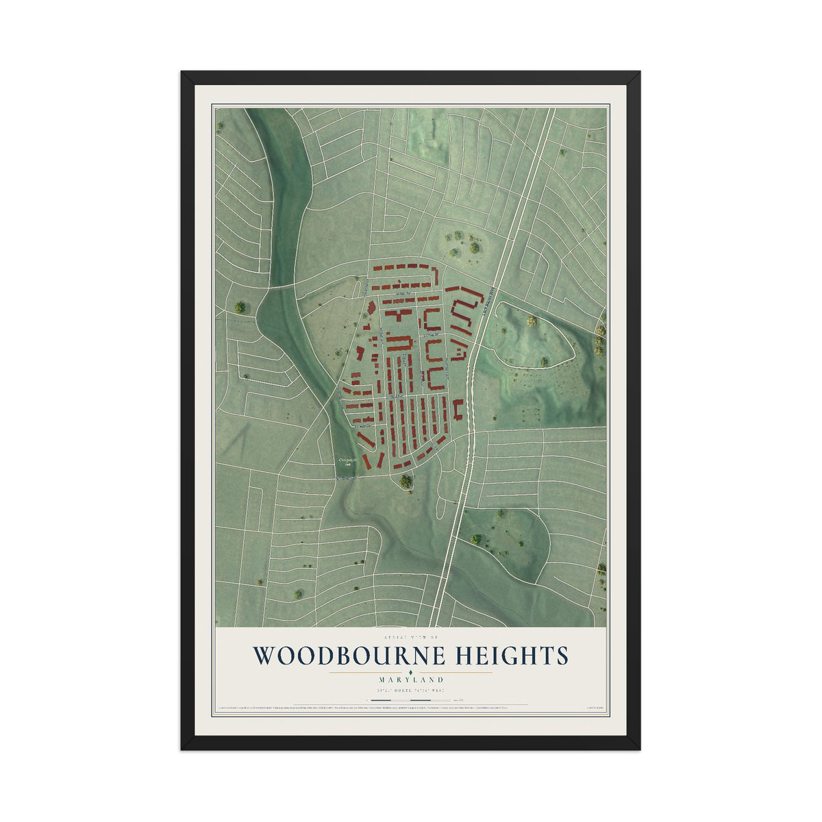 Map of Woodbourne Heights, Maryland, 12 x 18 inch print in a black wood frame