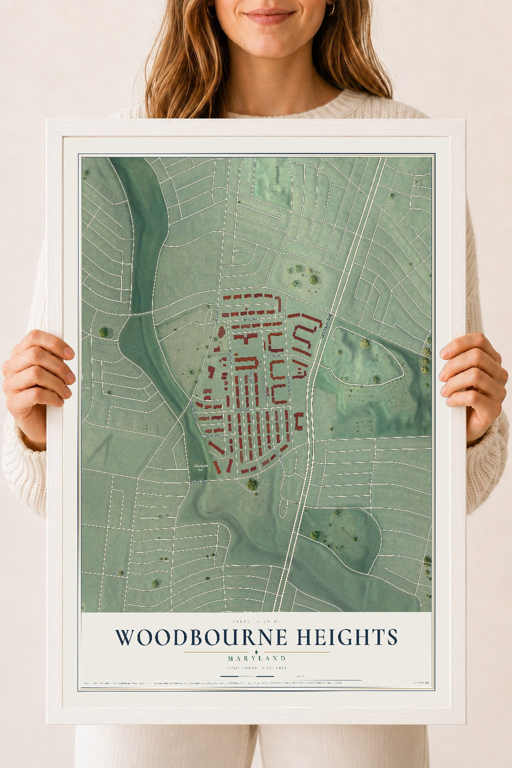 Map of Woodbourne Heights, Maryland, 18 x 24 inch print in a white wood frame