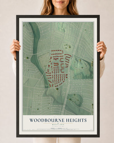 Map of Woodbourne Heights, Maryland, 24 x 36 inch print in a black wood frame