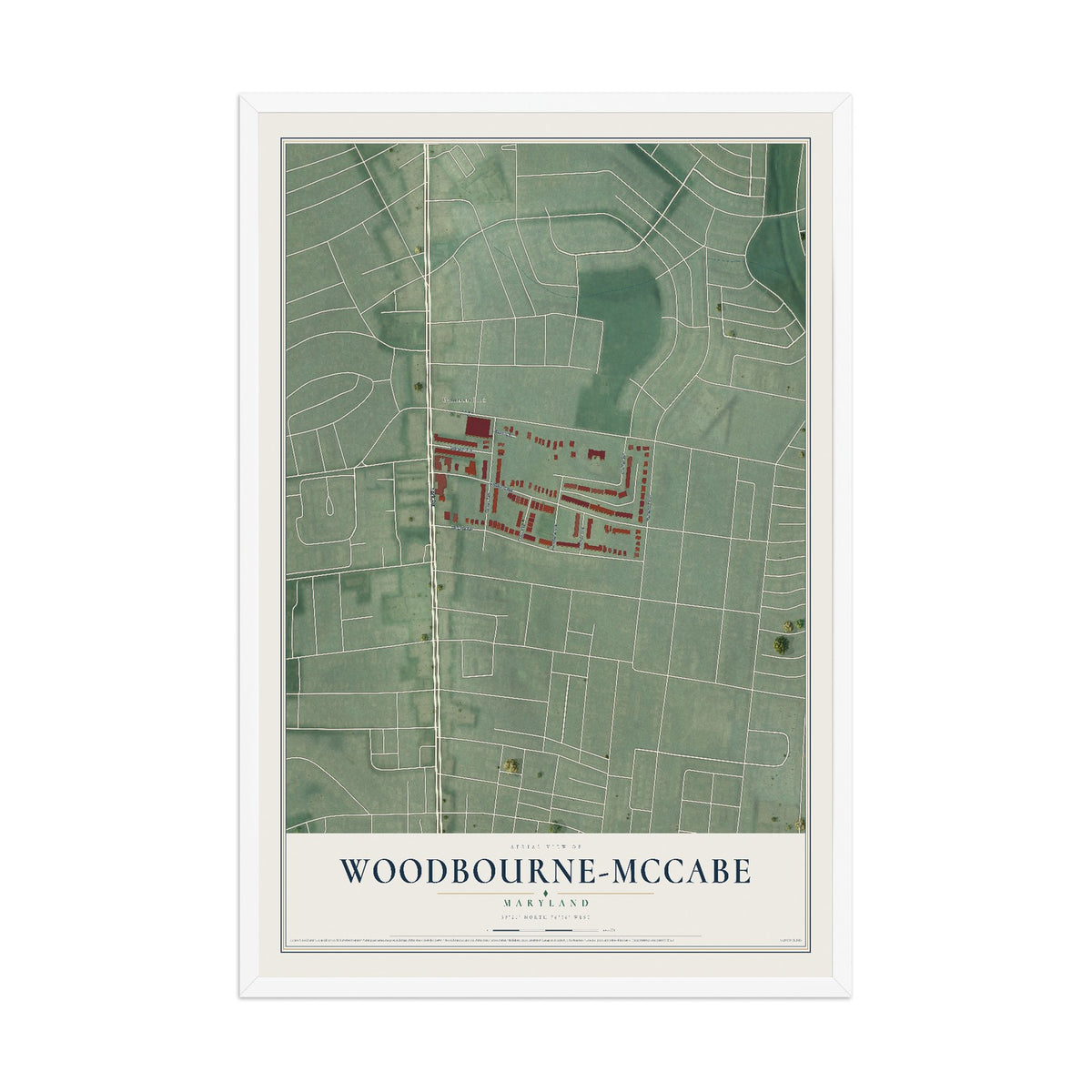 Map of Woodbourne-McCabe, Maryland, 12 x 18 inch print in a white wood frame