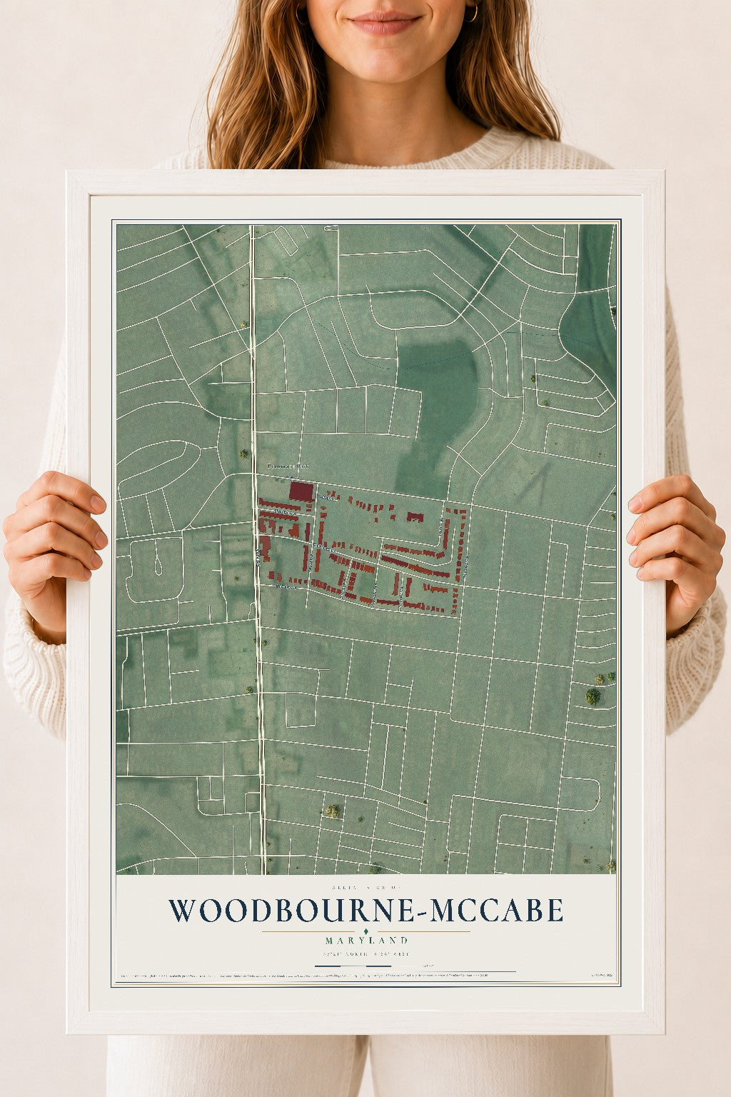 Map of Woodbourne-McCabe, Maryland, 18 x 24 inch print in a white wood frame