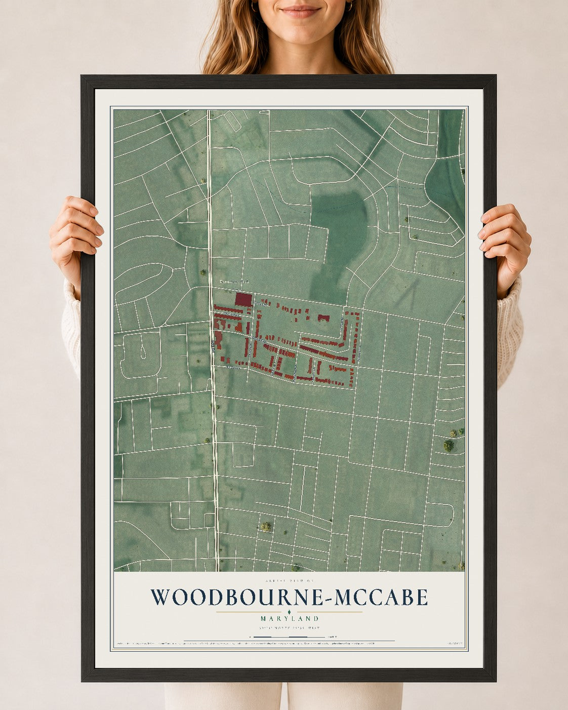 Map of Woodbourne-McCabe, Maryland, 24 x 36 inch print in a black wood frame