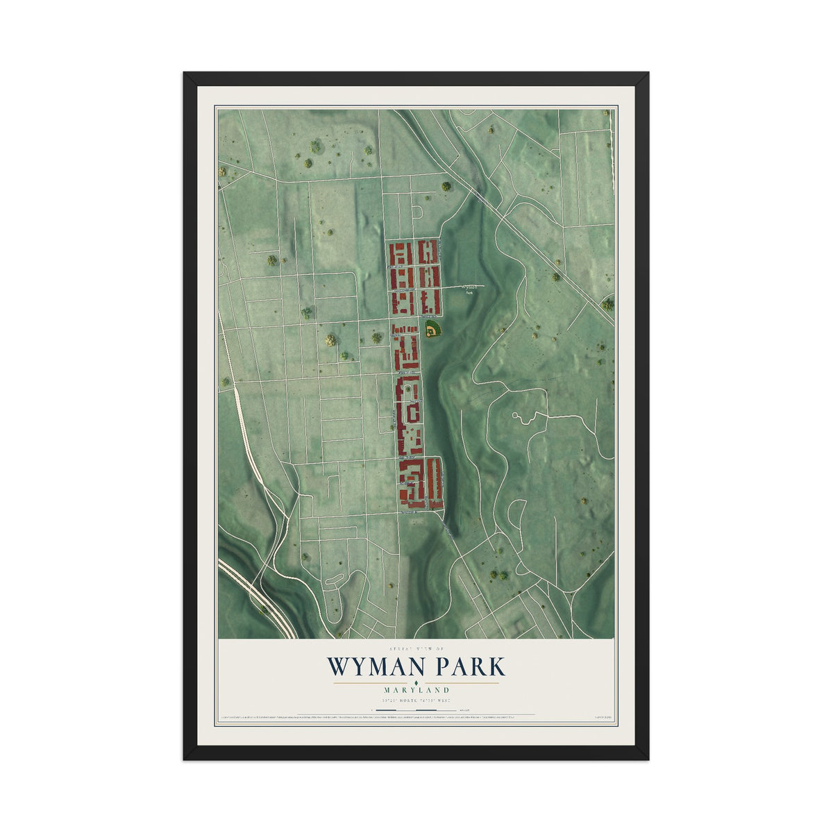 Map of Wyman Park, Maryland, 12 x 18 inch print in a black wood frame