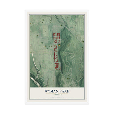 Map of Wyman Park, Maryland, 12 x 18 inch print in a white wood frame