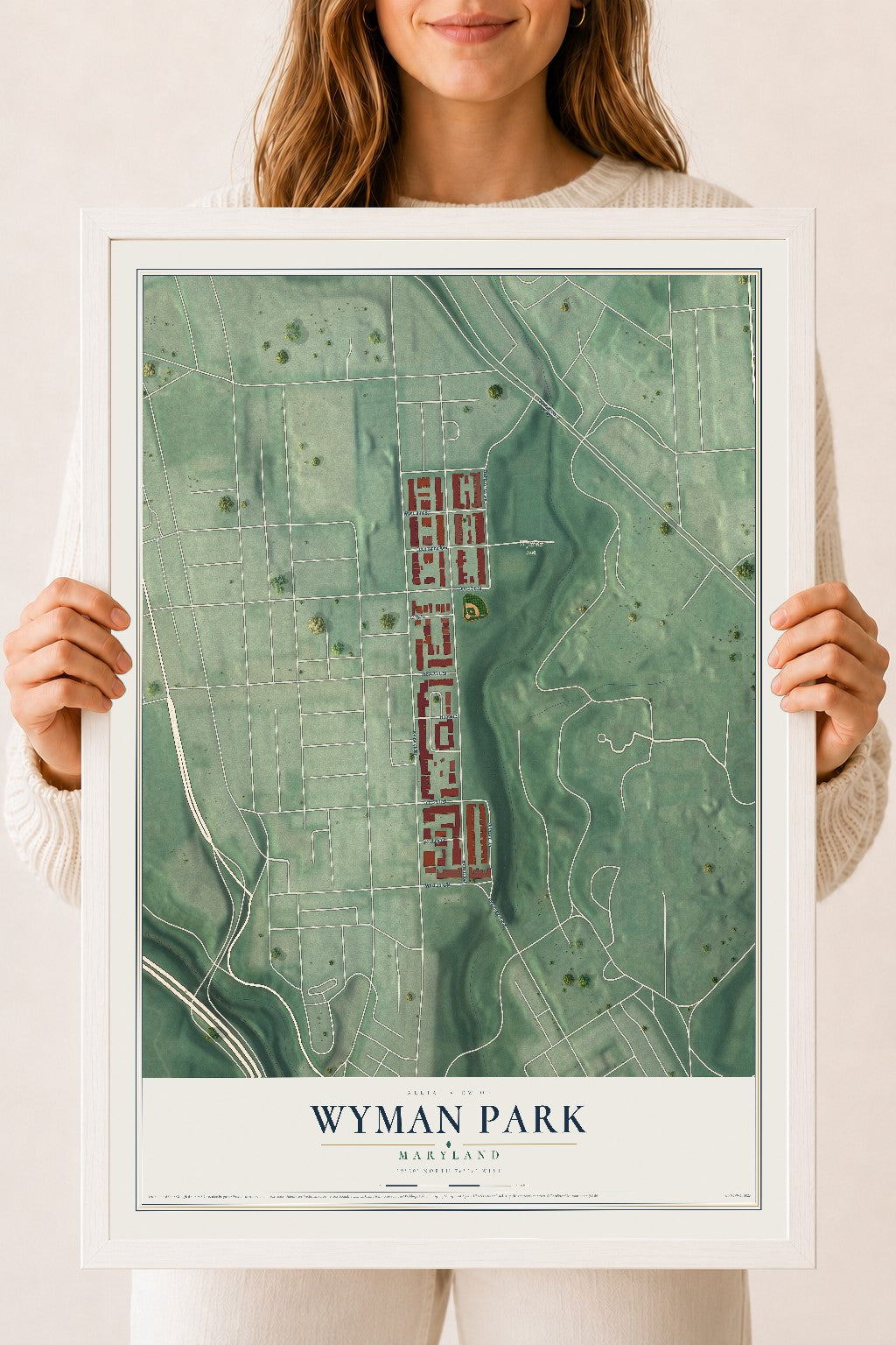 Map of Wyman Park, Maryland, 18 x 24 inch print in a white wood frame