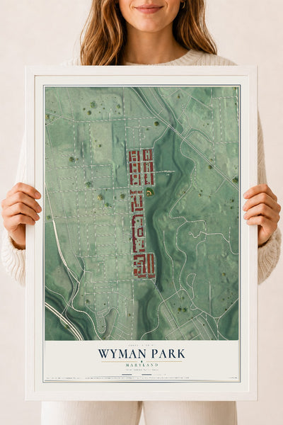 Map of Wyman Park, Maryland, 18 x 24 inch print in a white wood frame