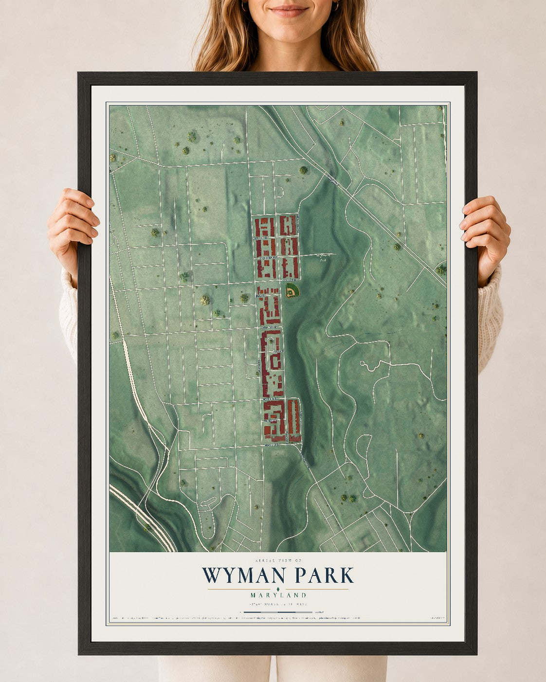 Map of Wyman Park, Maryland, 24 x 36 inch print in a black wood frame