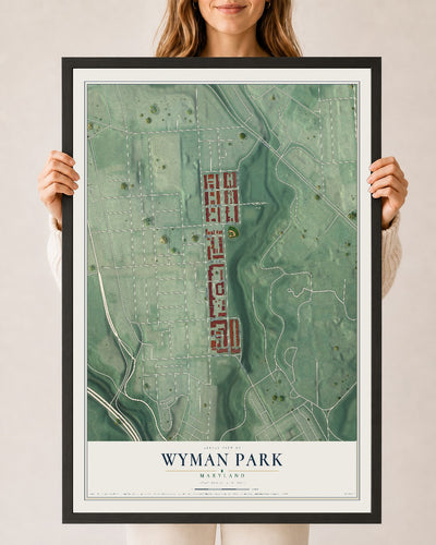 Map of Wyman Park, Maryland, 24 x 36 inch print in a black wood frame