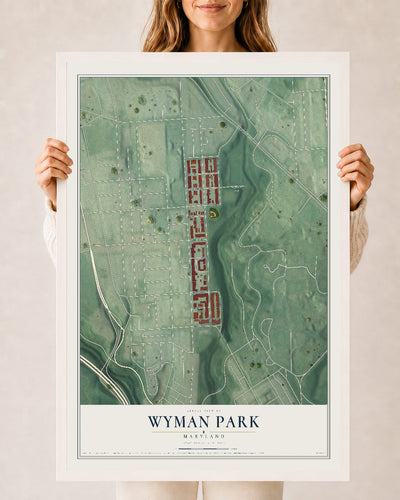 Map of Wyman Park, Maryland, 24 x 36 inch print in a white wood frame