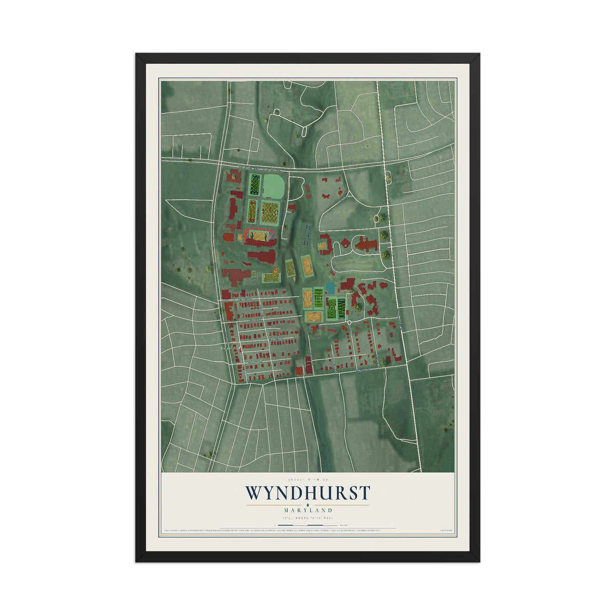 Map of Wyndhurst, Maryland, 12 x 18 inch print in a black wood frame