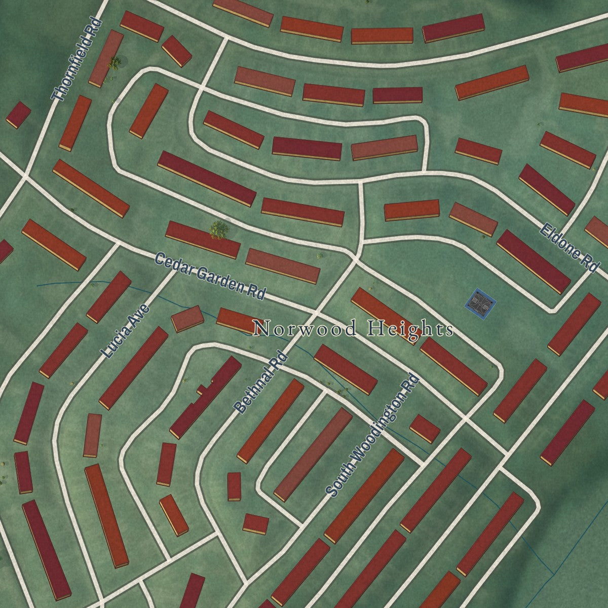 Close-up of the map of Yale Heights, Maryland print showing street and building detail