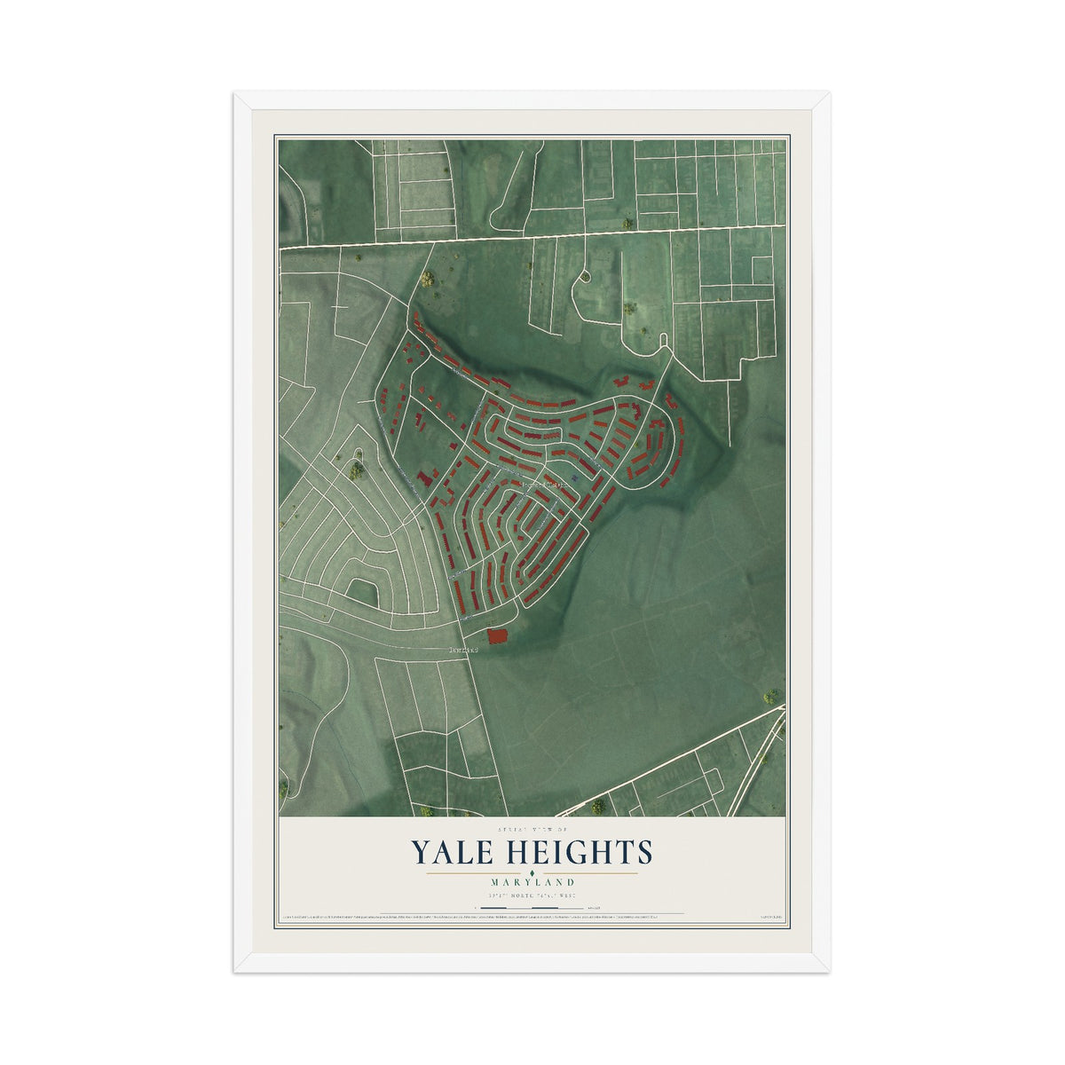 Map of Yale Heights, Maryland, 12 x 18 inch print in a white wood frame