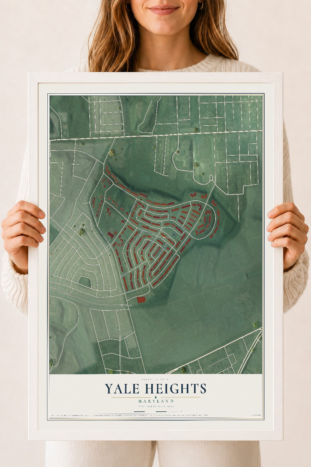 Map of Yale Heights, Maryland, 18 x 24 inch print in a white wood frame