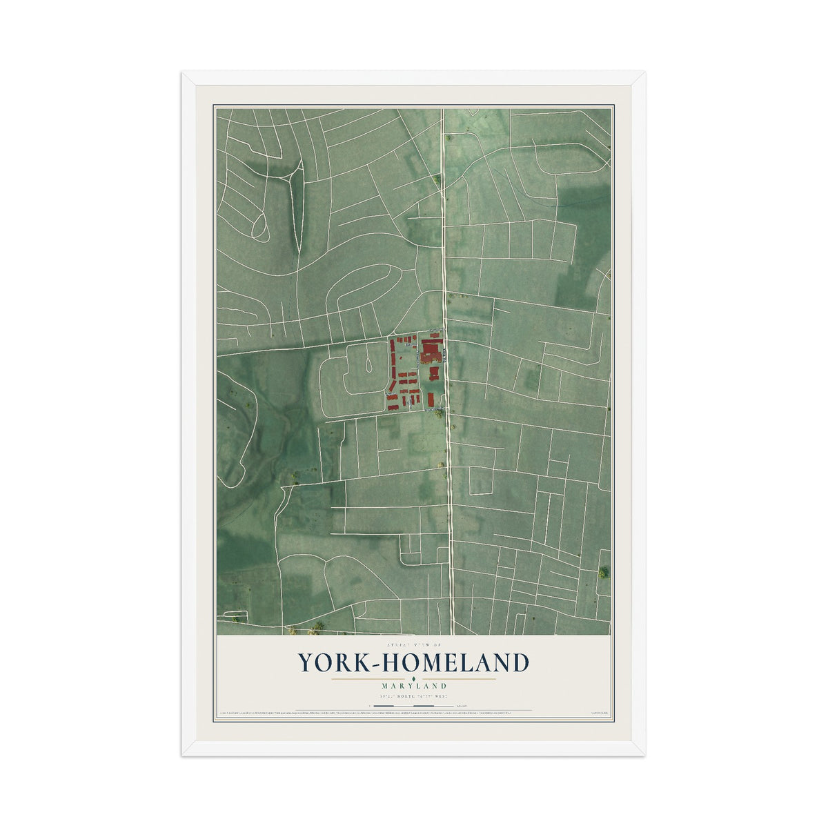 Map of York-Homeland, Maryland, 12 x 18 inch print in a white wood frame