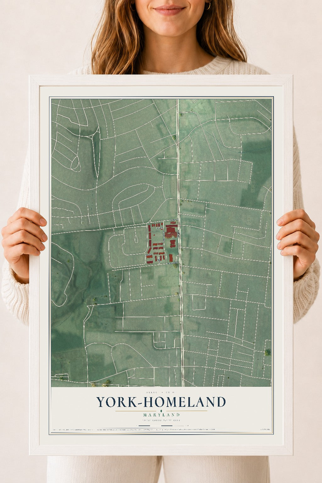 Map of York-Homeland, Maryland, 18 x 24 inch print in a white wood frame