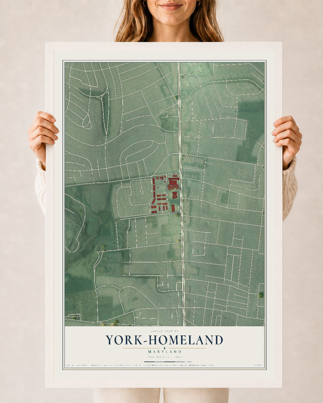 Map of York-Homeland, Maryland, 24 x 36 inch print in a white wood frame
