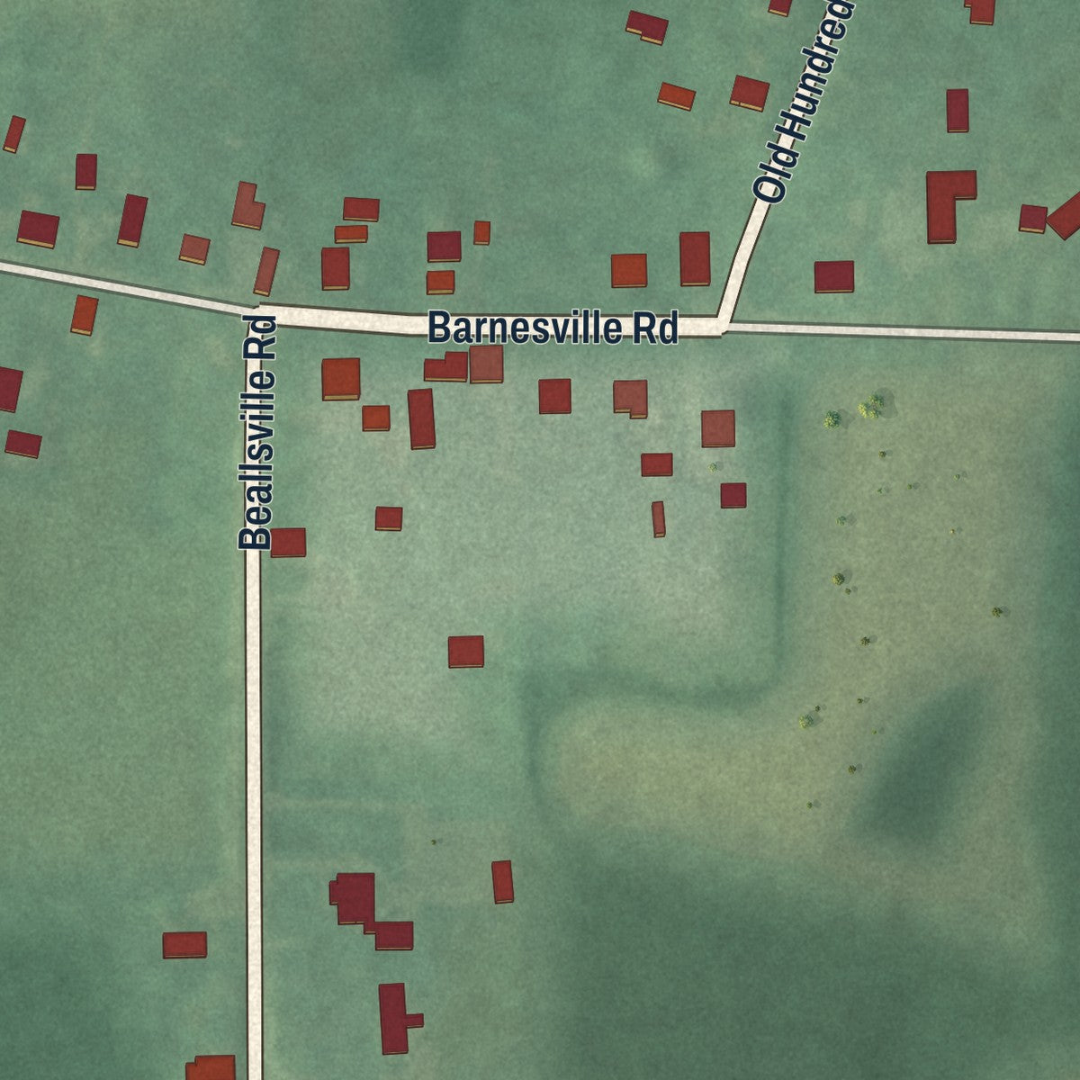 Close-up of the map of Barnesville, Maryland print showing street and building detail