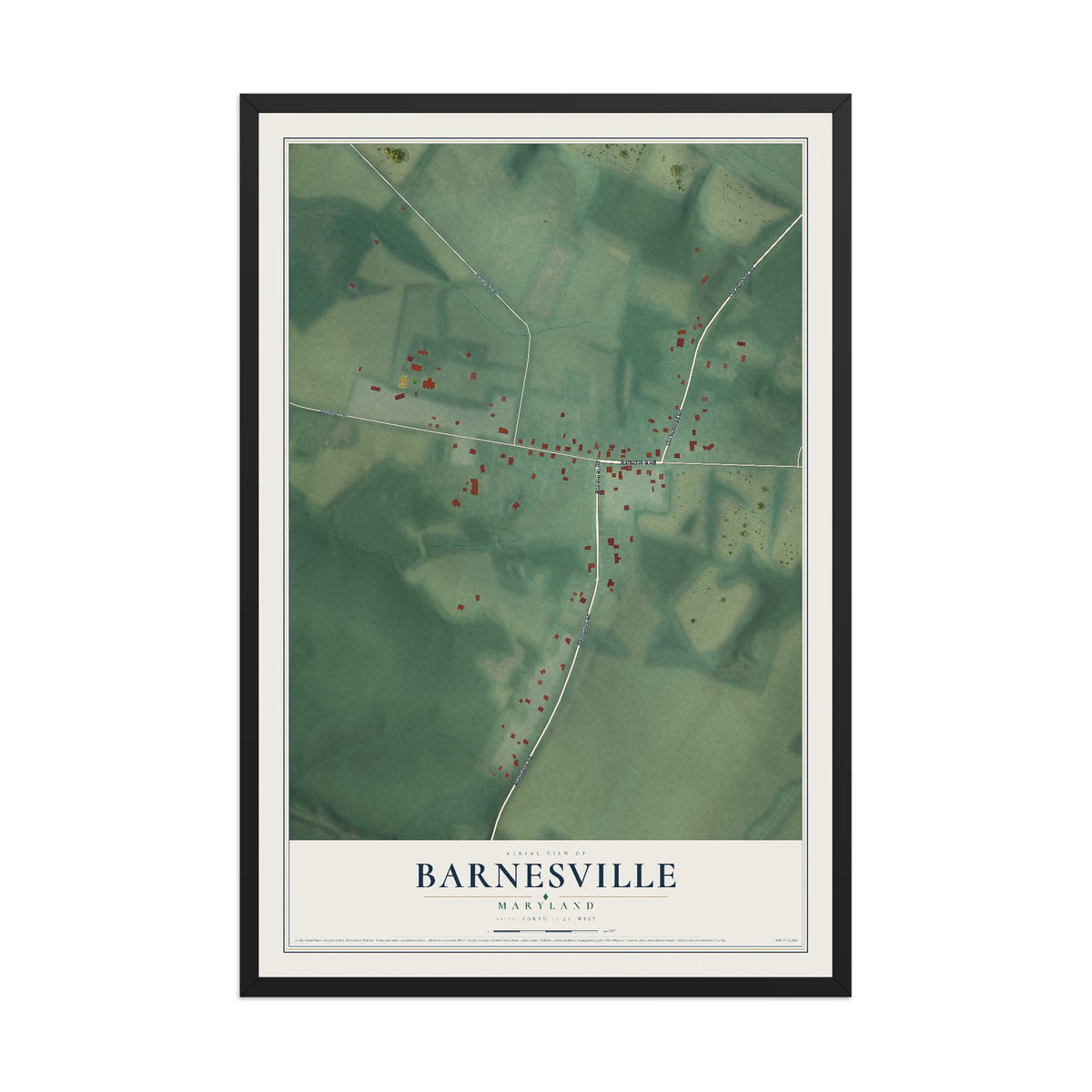 Map of Barnesville, Maryland, 12 x 18 inch print in a black wood frame