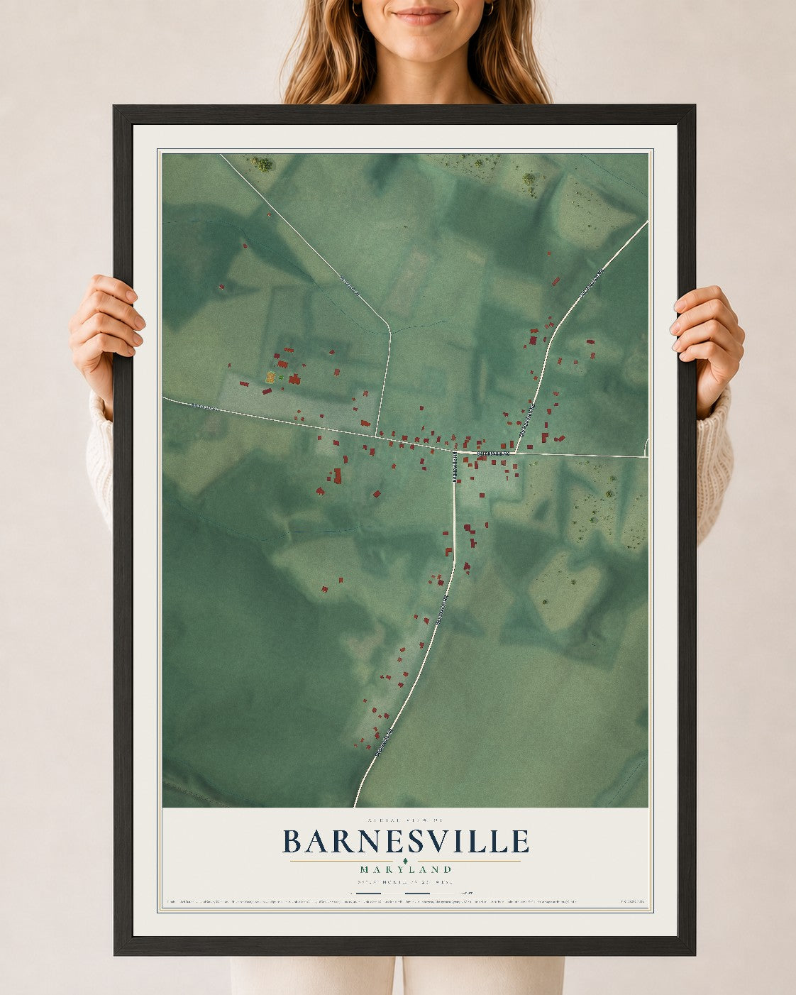 Map of Barnesville, Maryland, 24 x 36 inch print in a black wood frame