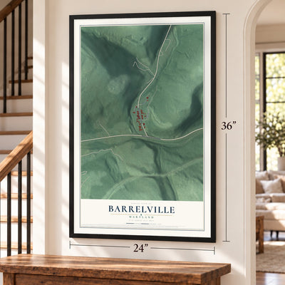 Barrelville, Maryland map, 24 x 36 inch print in a black frame by a staircase