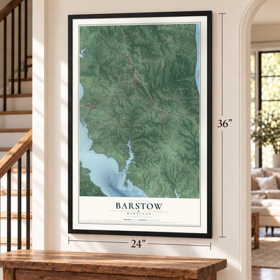 Barstow, Maryland map, 24 x 36 inch print in a black frame by a staircase