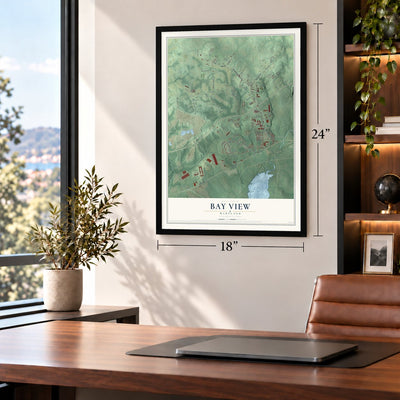 Bay View, Maryland map, 18 x 24 inch print in a black frame in a home office
