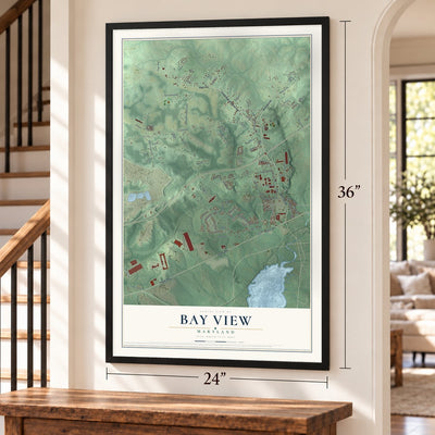 Bay View, Maryland map, 24 x 36 inch print in a black frame by a staircase