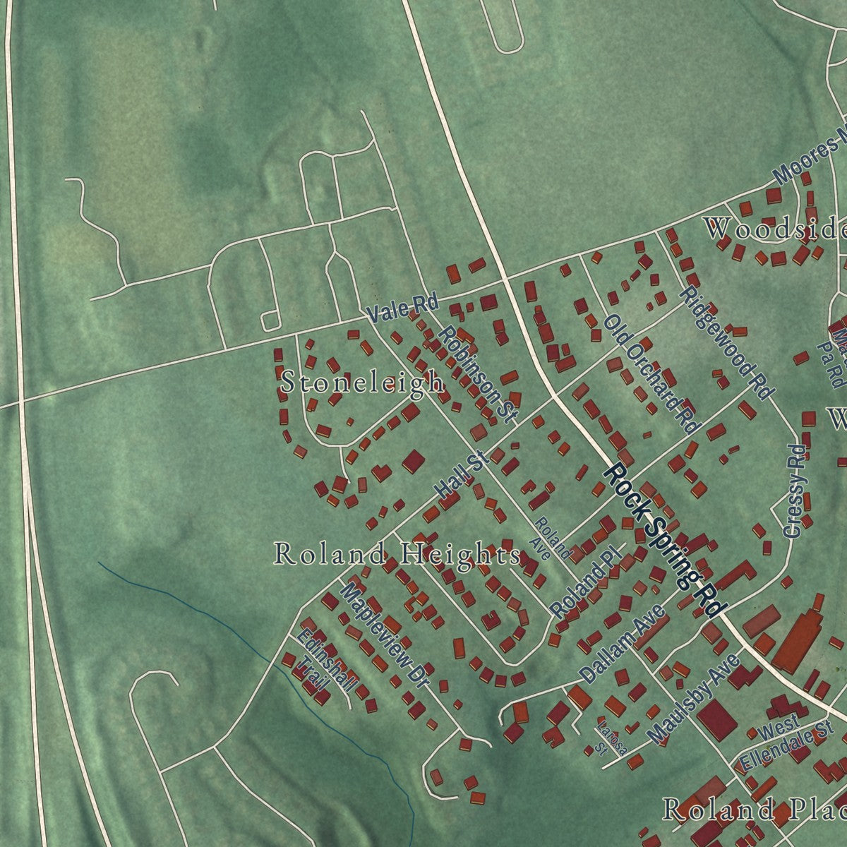 Second close-up of the map of Bel Air, Maryland print showing more streets and buildings