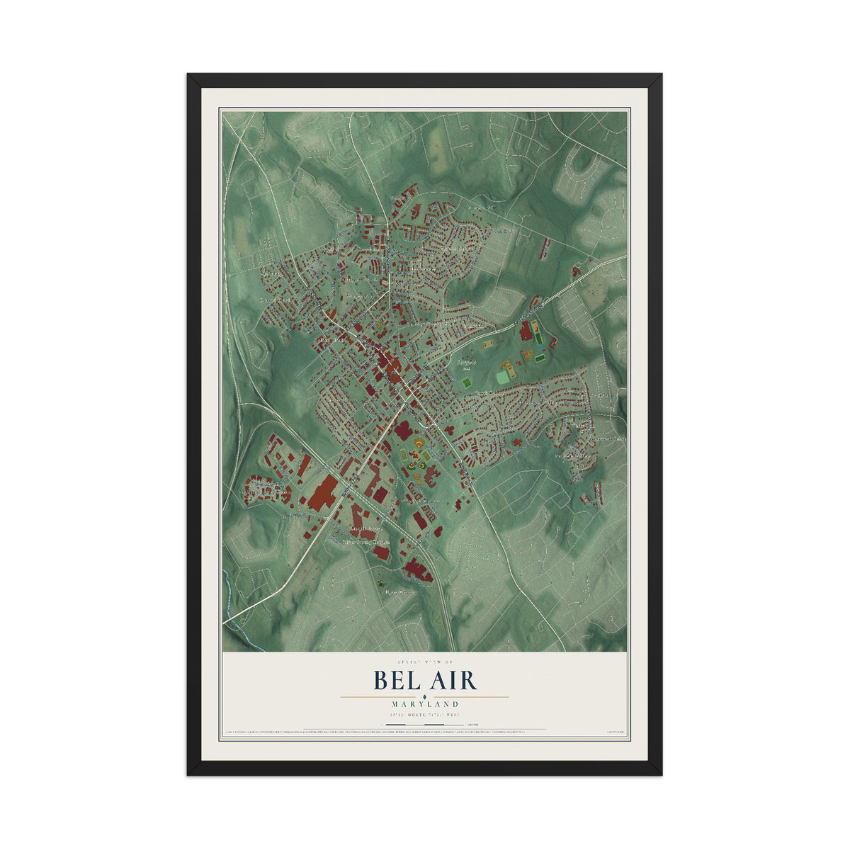 Map of Bel Air, Maryland, 12 x 18 inch print in a black wood frame