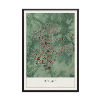 Map of Bel Air, Maryland, 12 x 18 inch print in a black wood frame