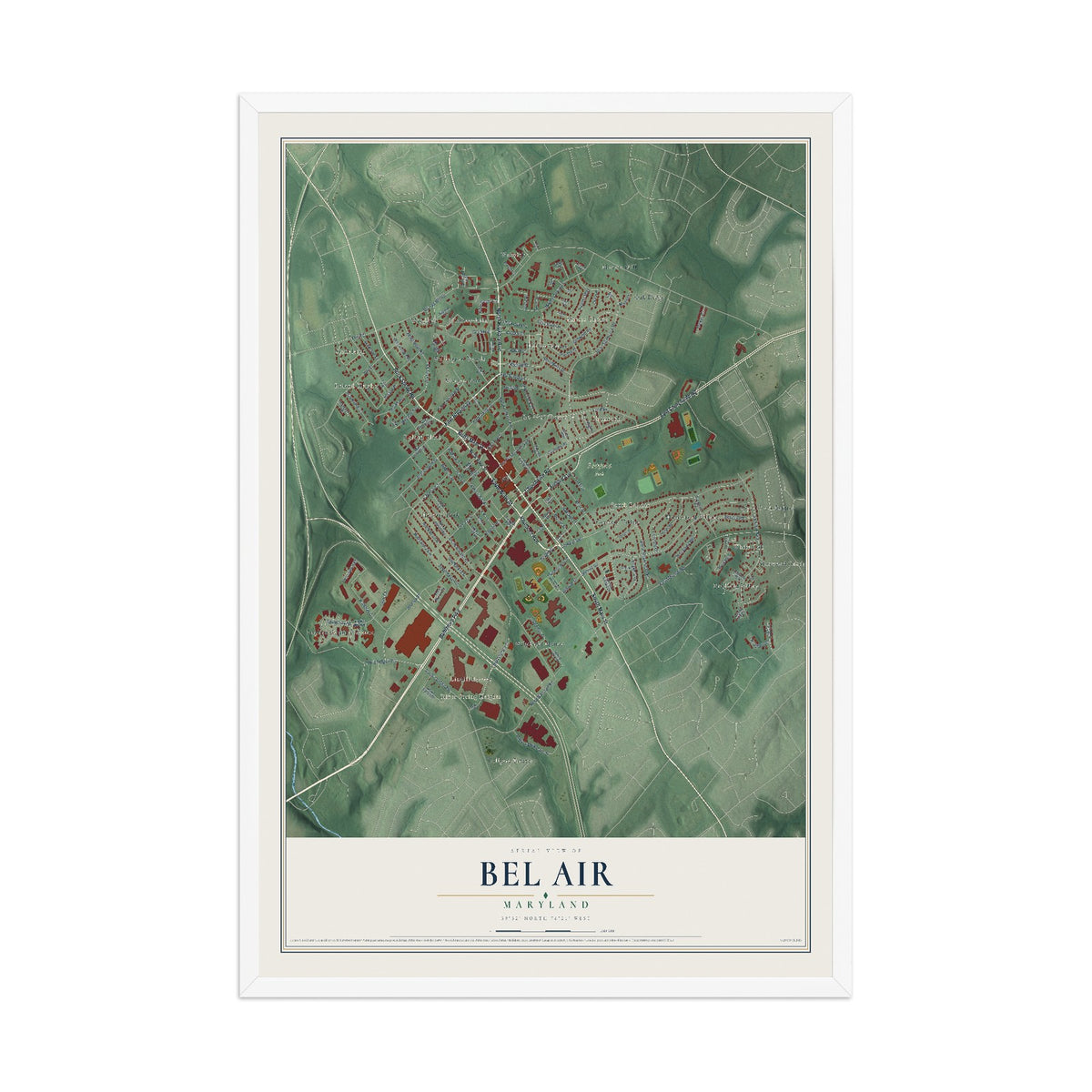 Map of Bel Air, Maryland, 12 x 18 inch print in a white wood frame
