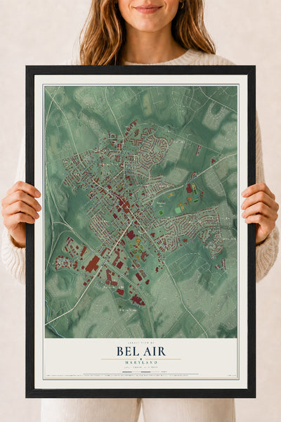 Map of Bel Air, Maryland, 18 x 24 inch print in a black wood frame