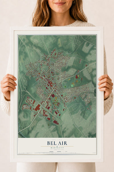 Map of Bel Air, Maryland, 18 x 24 inch print in a white wood frame