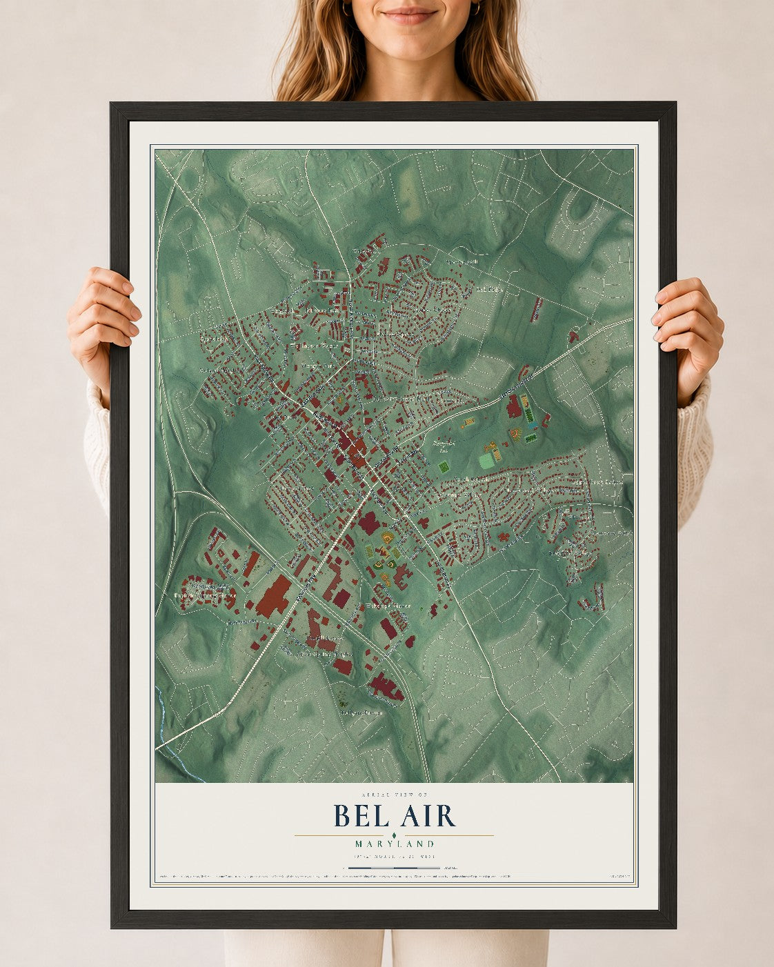 Map of Bel Air, Maryland, 24 x 36 inch print in a black wood frame