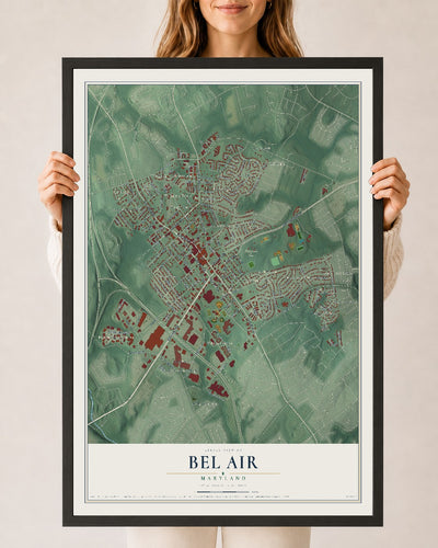 Map of Bel Air, Maryland, 24 x 36 inch print in a black wood frame