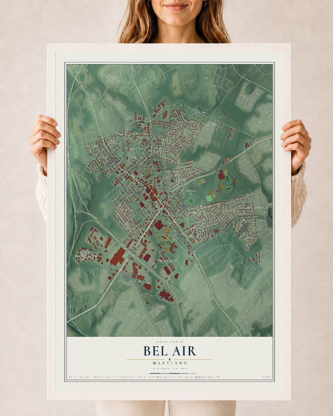 Map of Bel Air, Maryland, 24 x 36 inch print in a white wood frame