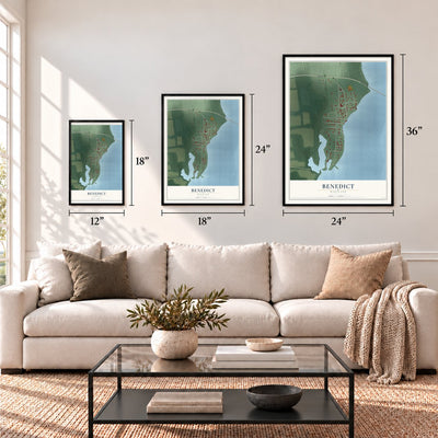 Benedict, Maryland map in 12 x 18, 18 x 24 and 24 x 36 inch sizes above a sofa