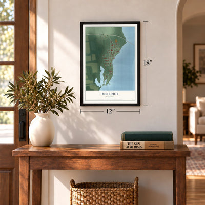 Benedict, Maryland map, 12 x 18 inch print in a black frame in an entryway