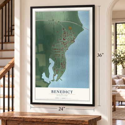 Benedict, Maryland map, 24 x 36 inch print in a black frame by a staircase