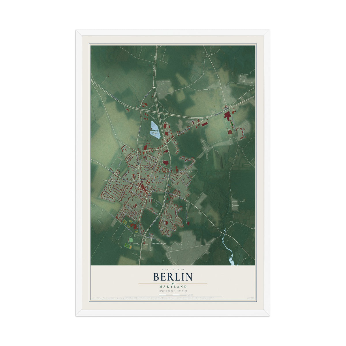 Map of Berlin, Maryland, 12 x 18 inch print in a white wood frame