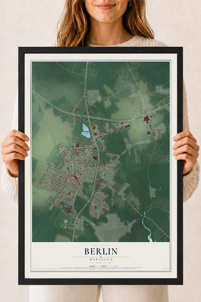 Map of Berlin, Maryland, 18 x 24 inch print in a black wood frame
