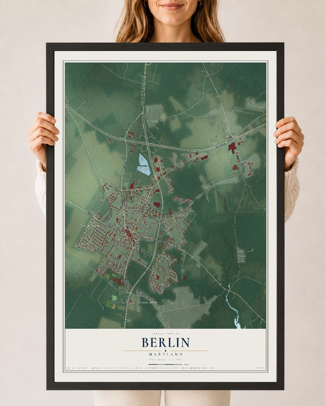 Map of Berlin, Maryland, 24 x 36 inch print in a black wood frame