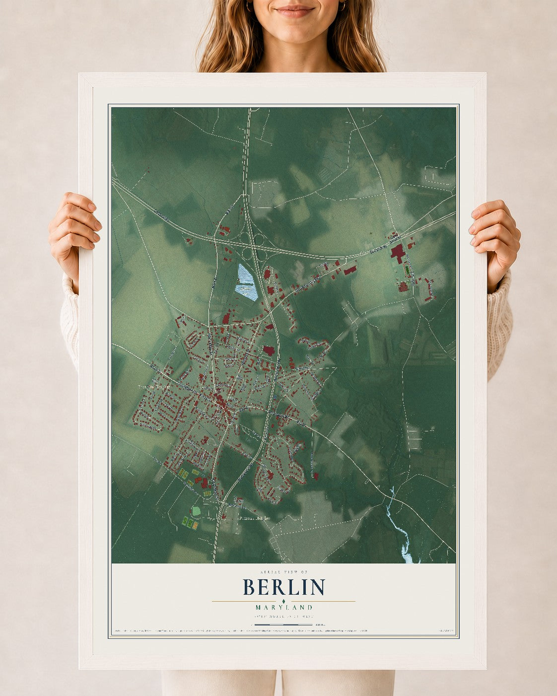 Map of Berlin, Maryland, 24 x 36 inch print in a white wood frame