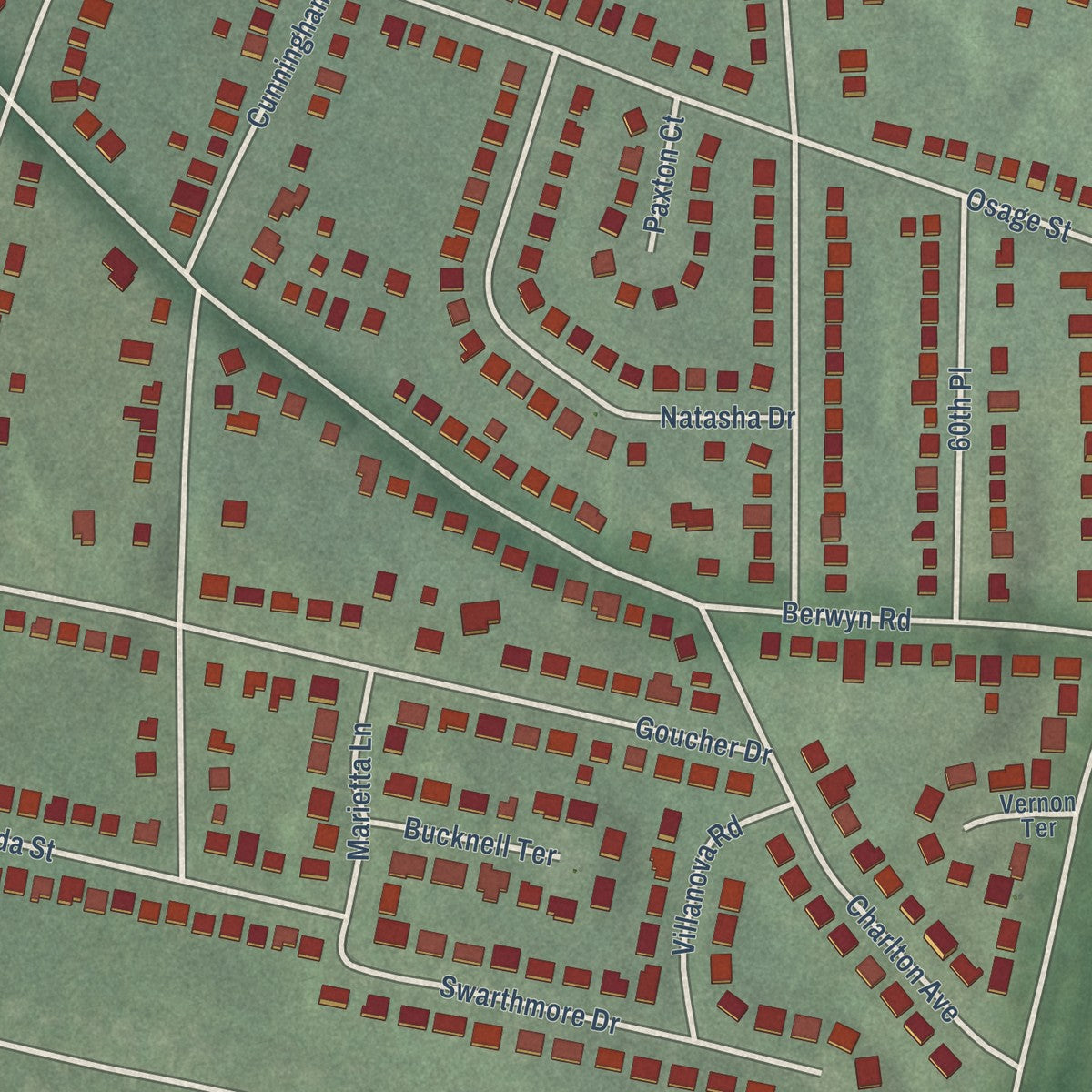 Close-up of the map of Berwyn Heights, Maryland print showing street and building detail