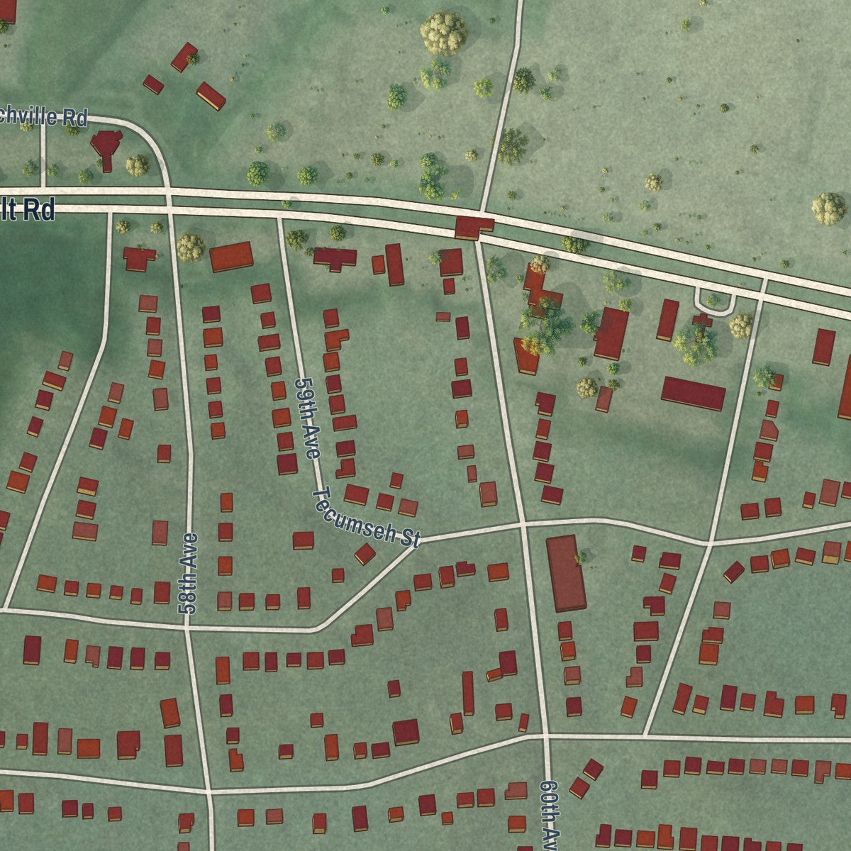 Second close-up of the map of Berwyn Heights, Maryland print showing more streets and buildings